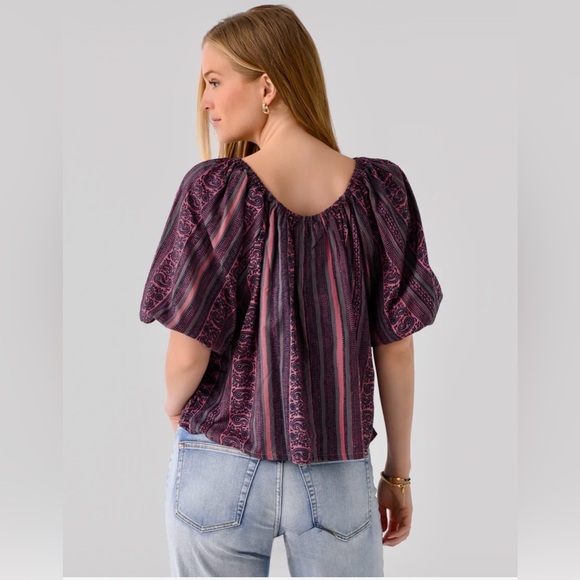 BNWT NATALIE MARTIN Voluminous Paisley Stripe Cotton Top XL Navy/Pink/Gray - Picture 3 of 16